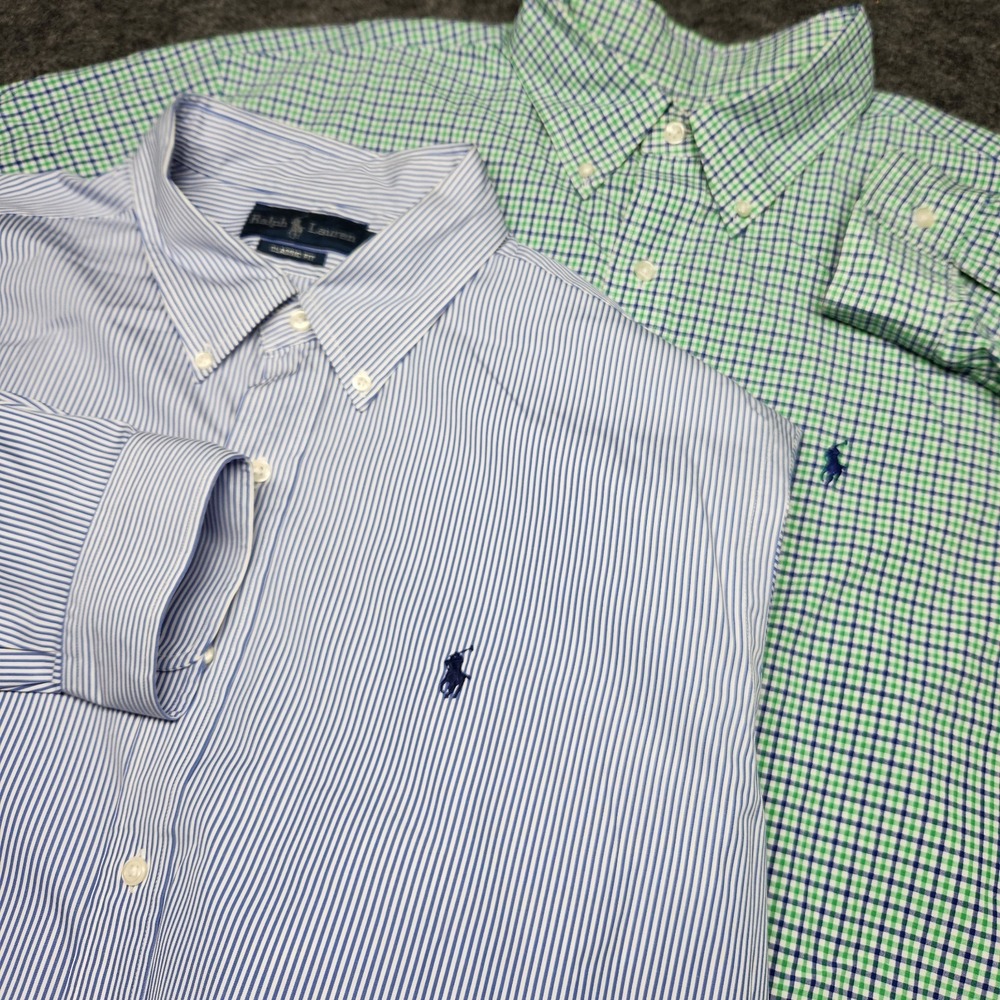 Ralph Lauren Mens Classic Fit Long Sleeve Dress Shirt Plaid Striped XXL Lot 2